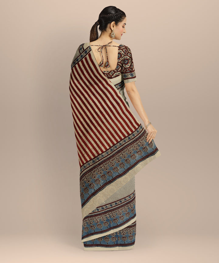 Beige multicolor ajrakh cotton hand printed saree