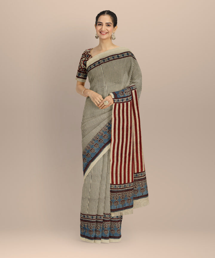 Beige multicolor ajrakh cotton hand printed saree