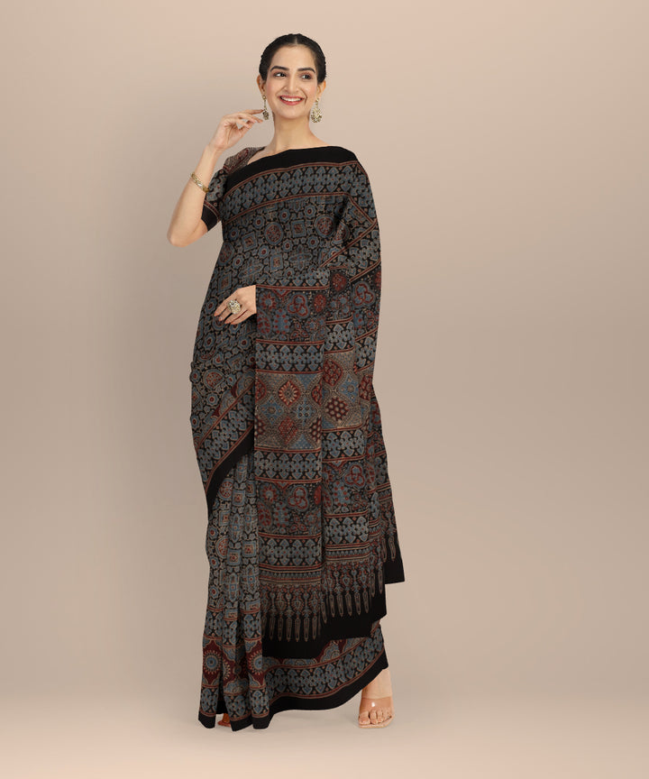 Black indigo hand block print ajrakh cotton saree