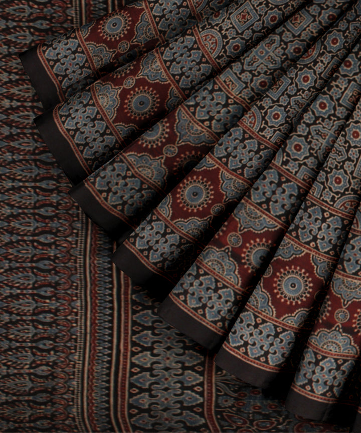 Black indigo hand block print ajrakh cotton saree