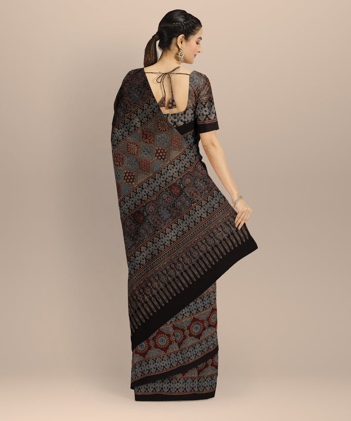Black indigo hand block print ajrakh cotton saree