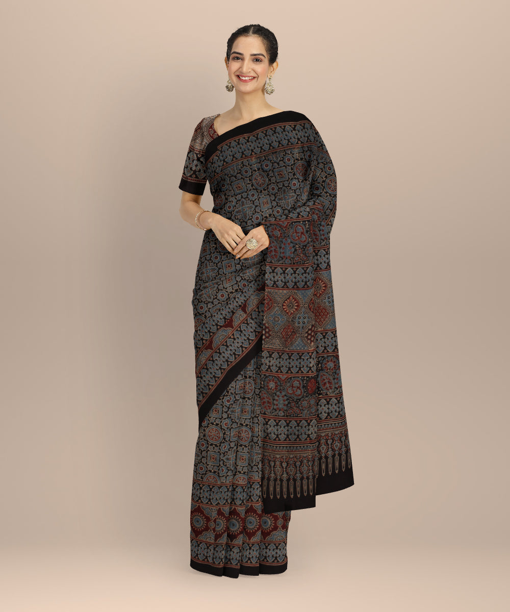 Black indigo hand block print ajrakh cotton saree