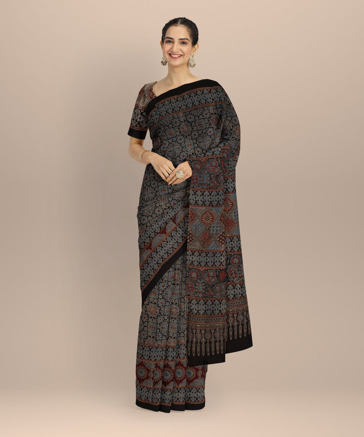 Black indigo hand block print ajrakh cotton saree