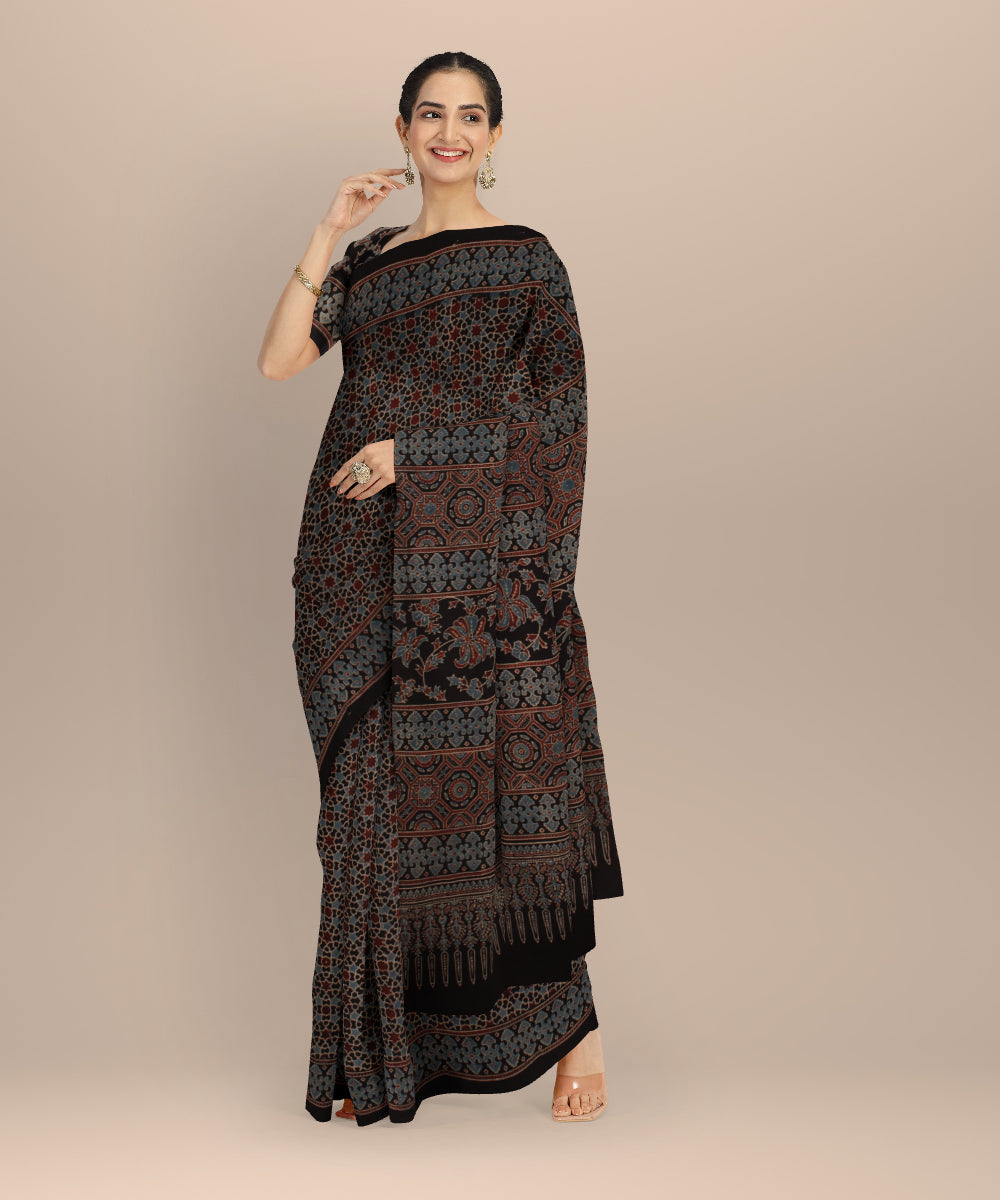Black red cotton hand printed ajrakh saree