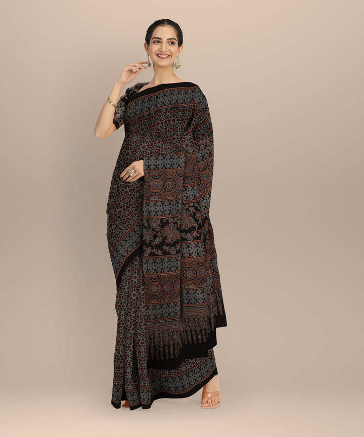 Black red cotton hand printed ajrakh saree