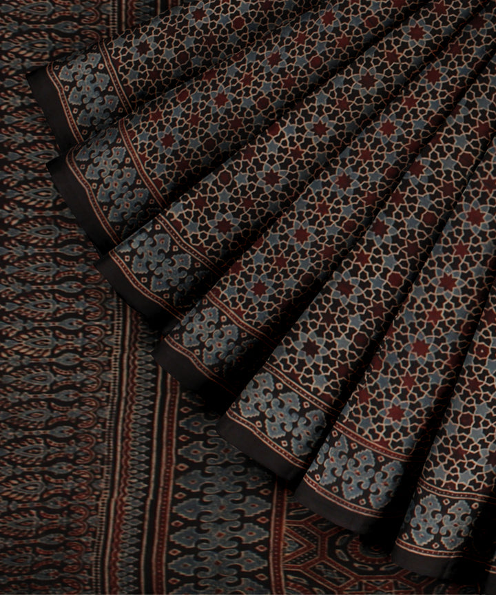 Black red cotton hand printed ajrakh saree