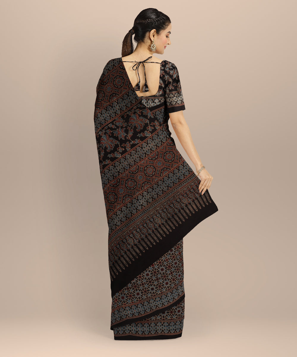 Black red cotton hand printed ajrakh saree