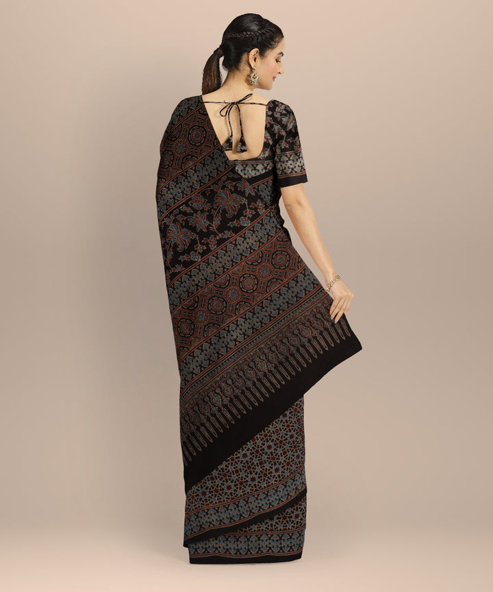 Black red cotton hand printed ajrakh saree