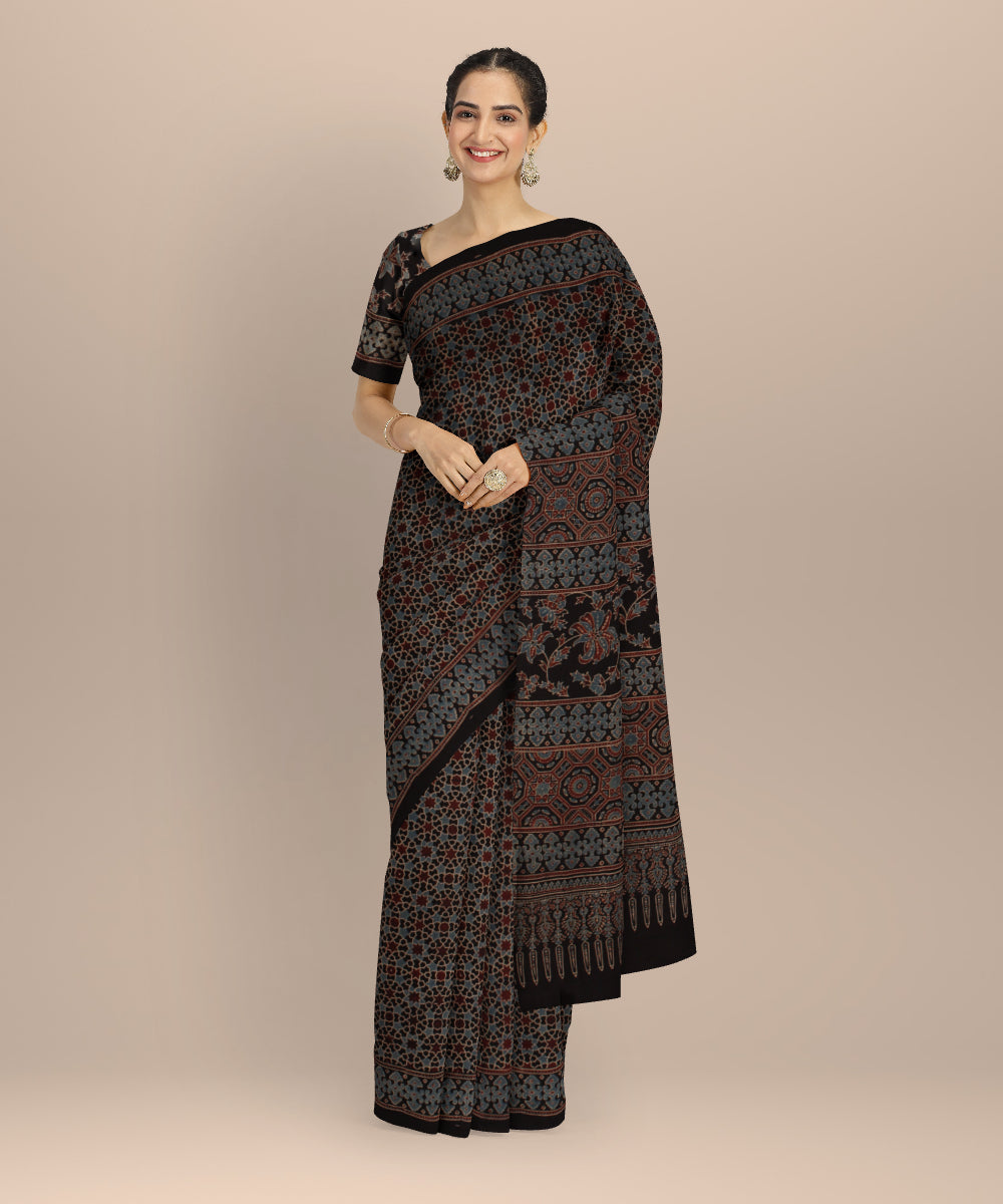 Black red cotton hand printed ajrakh saree