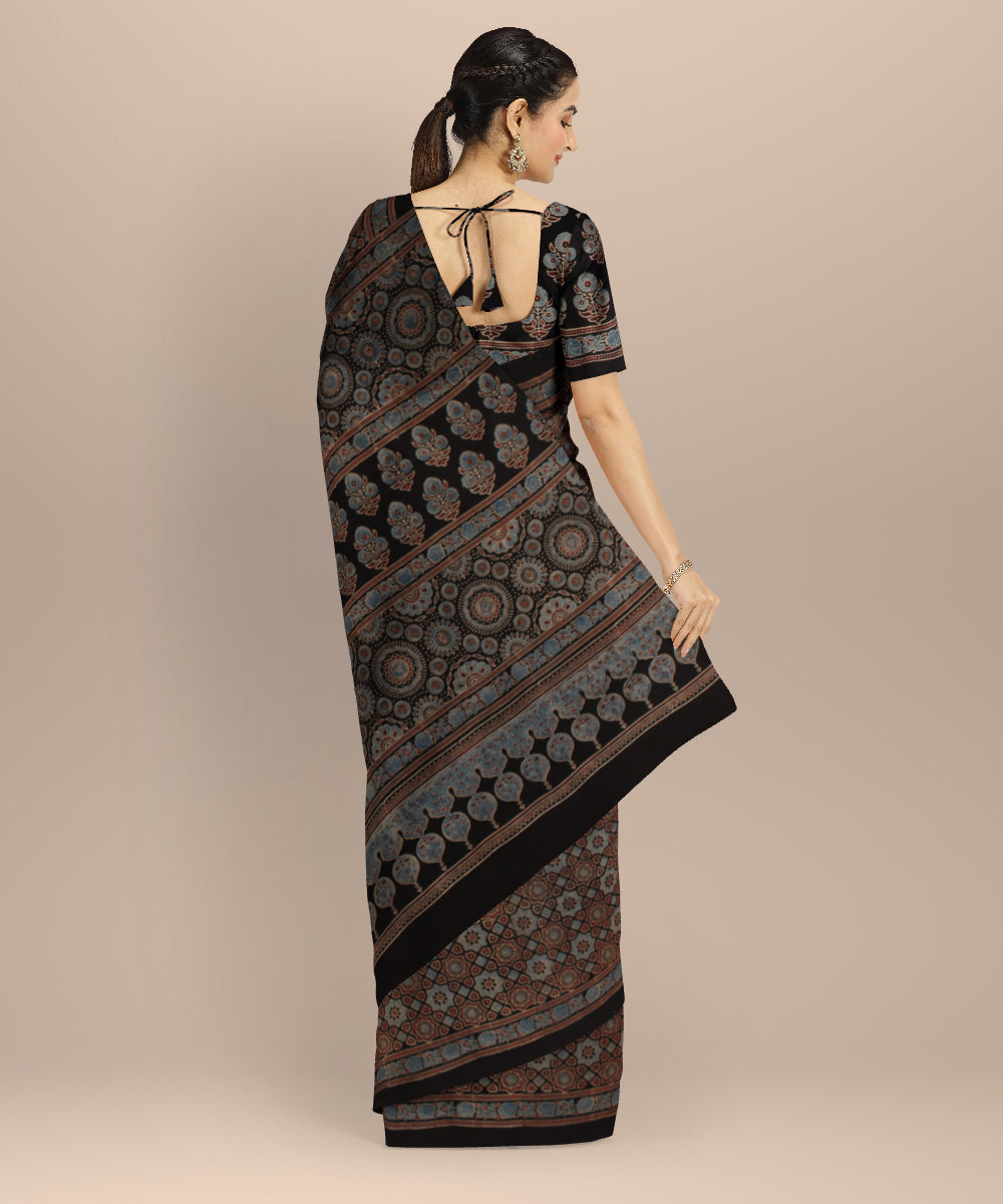 Multicolor hand printed cotton ajrakh saree