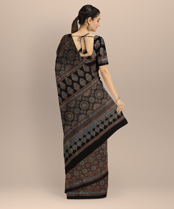 Multicolor hand printed cotton ajrakh saree