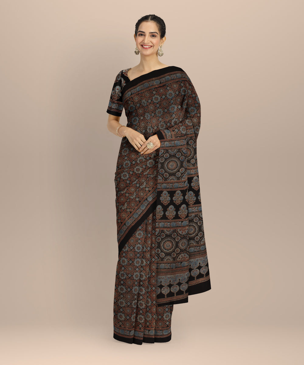 Multicolor hand printed cotton ajrakh saree