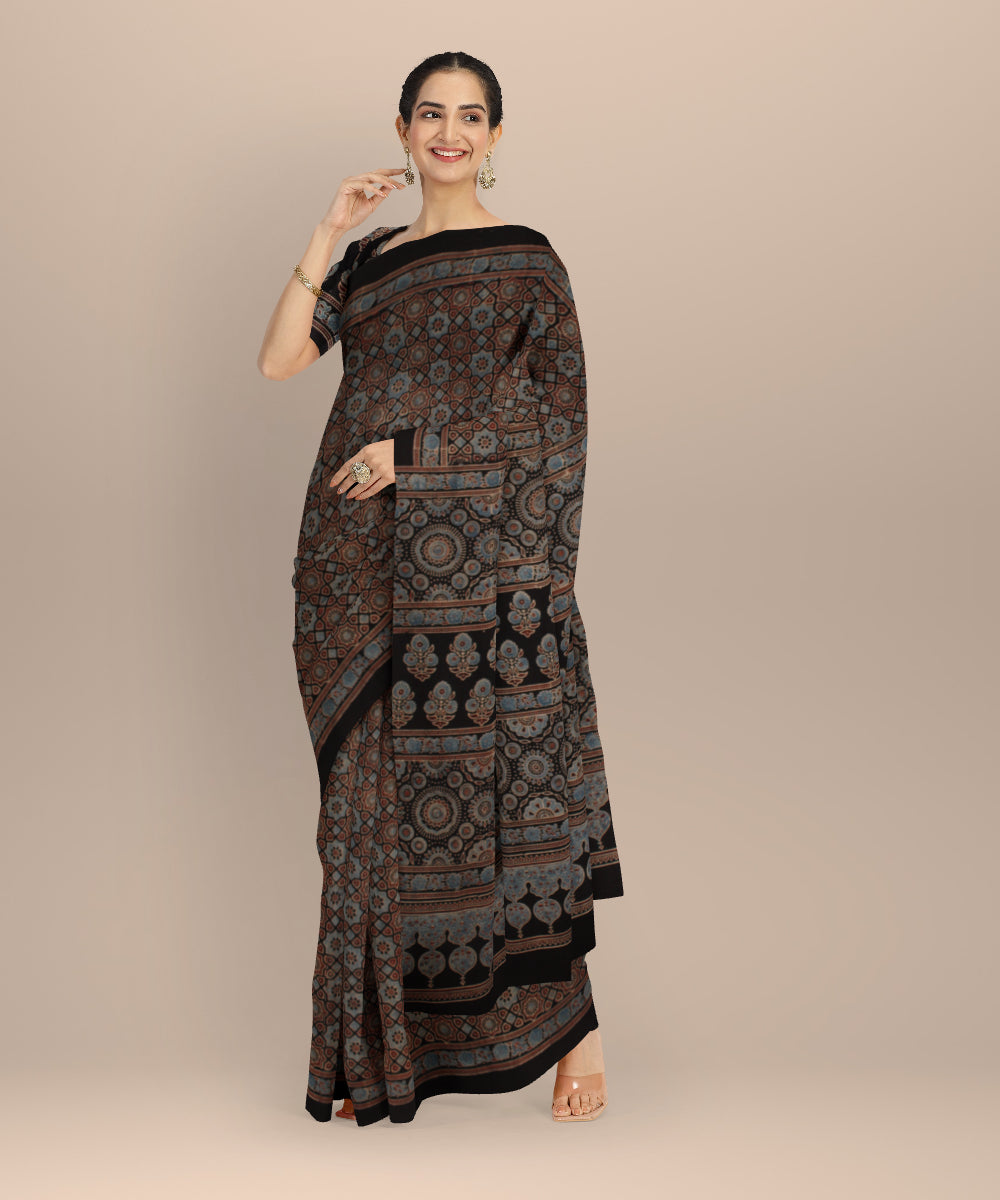 Multicolor hand printed cotton ajrakh saree