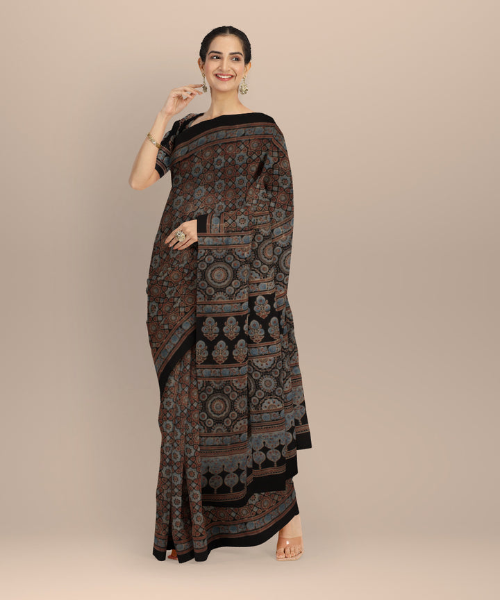 Multicolor hand printed cotton ajrakh saree