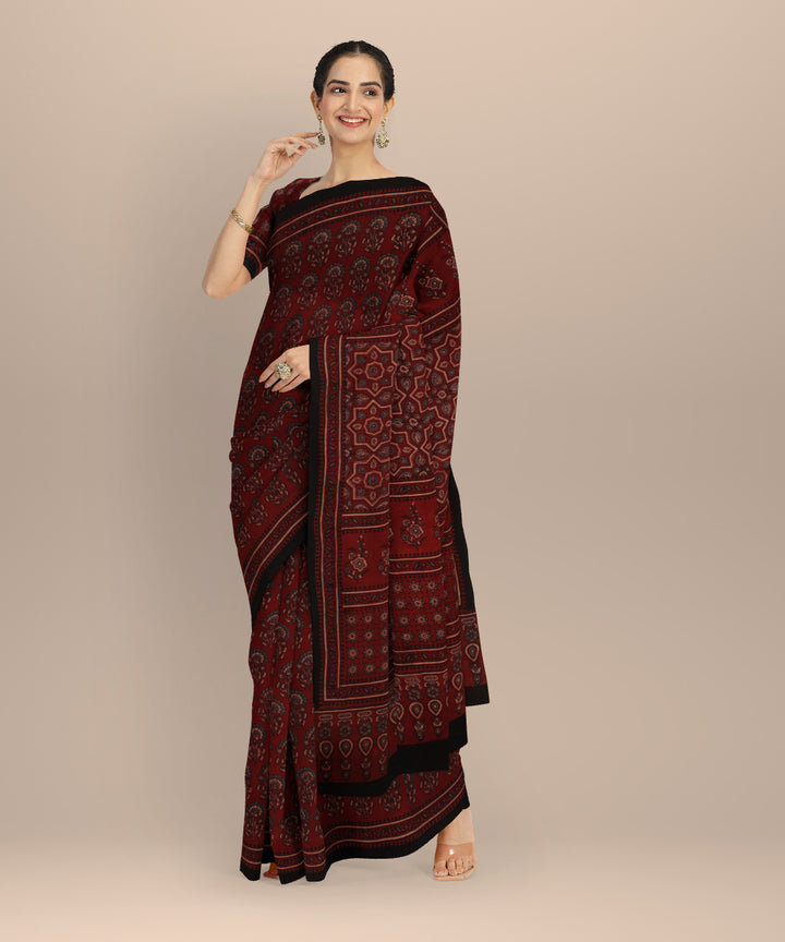 Black red hand printed ajrakh cotton saree