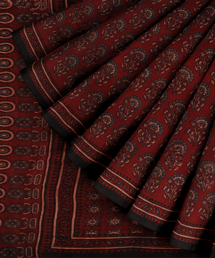 Black red hand printed ajrakh cotton saree