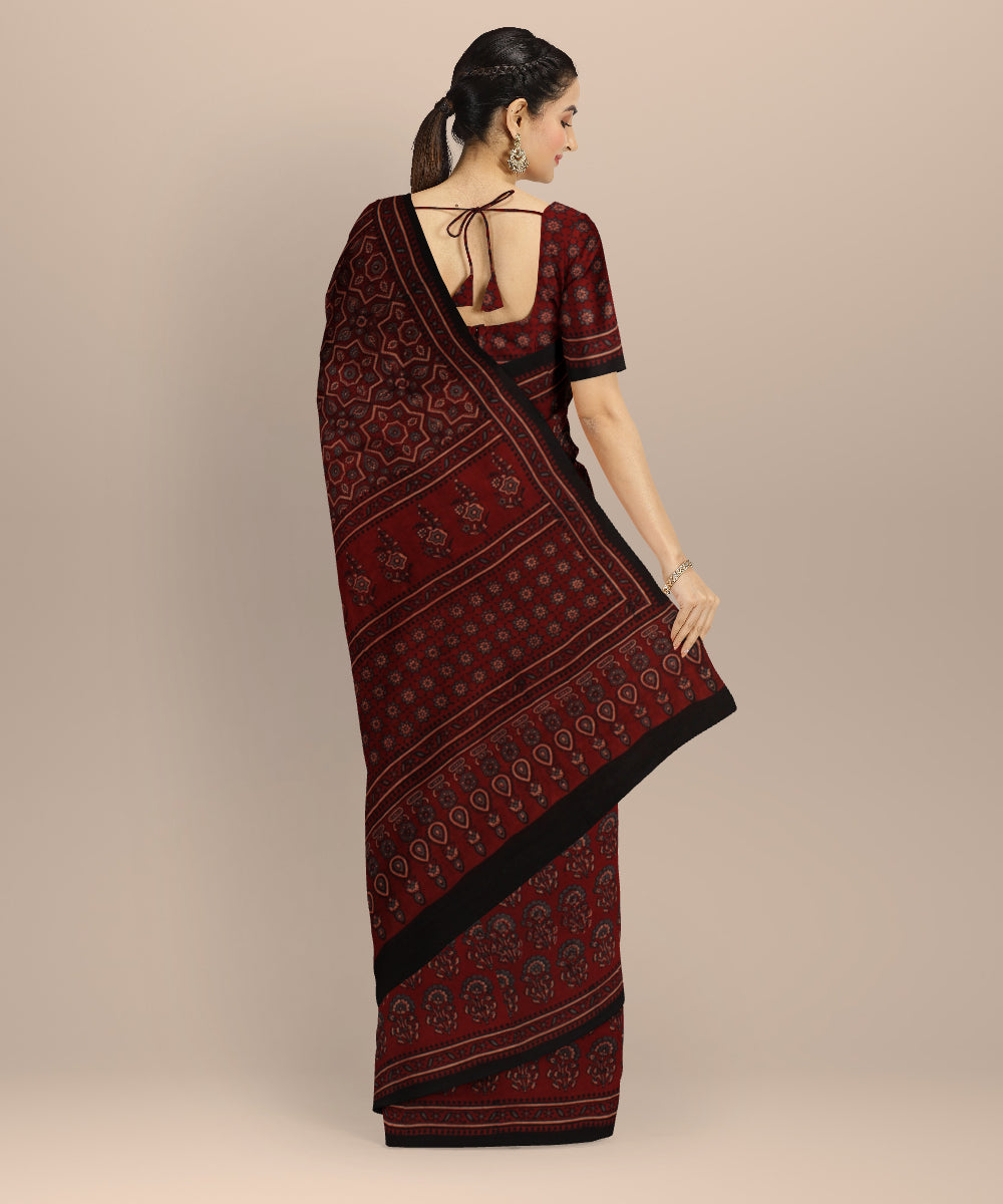 Black red hand printed ajrakh cotton saree