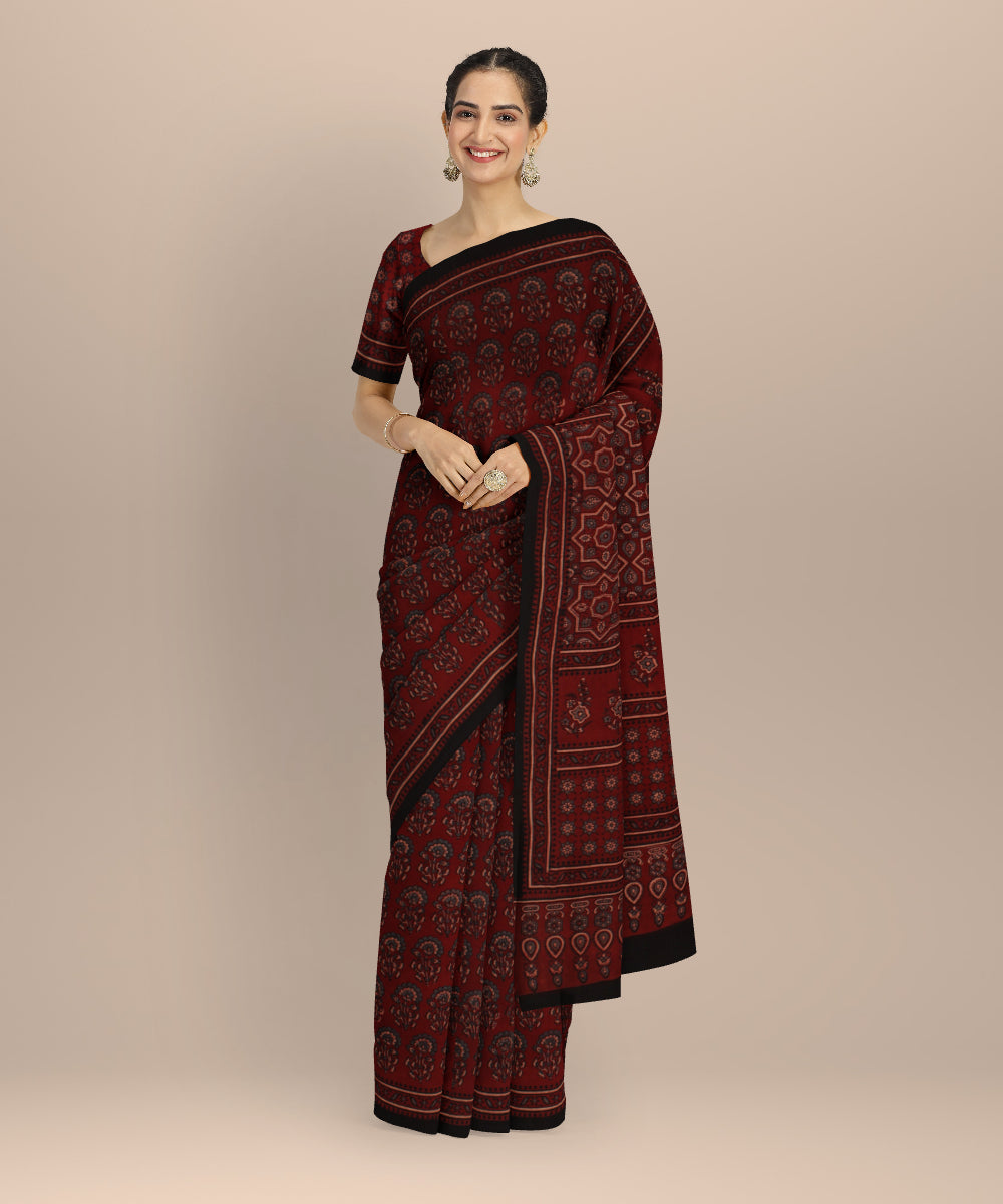 Black red hand printed ajrakh cotton saree