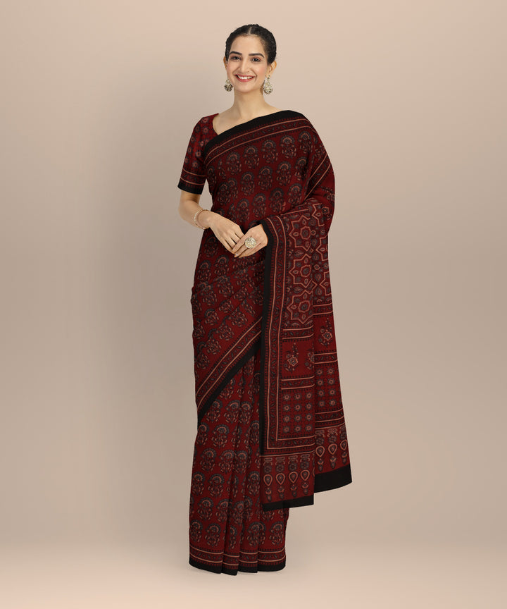 Black red hand printed ajrakh cotton saree