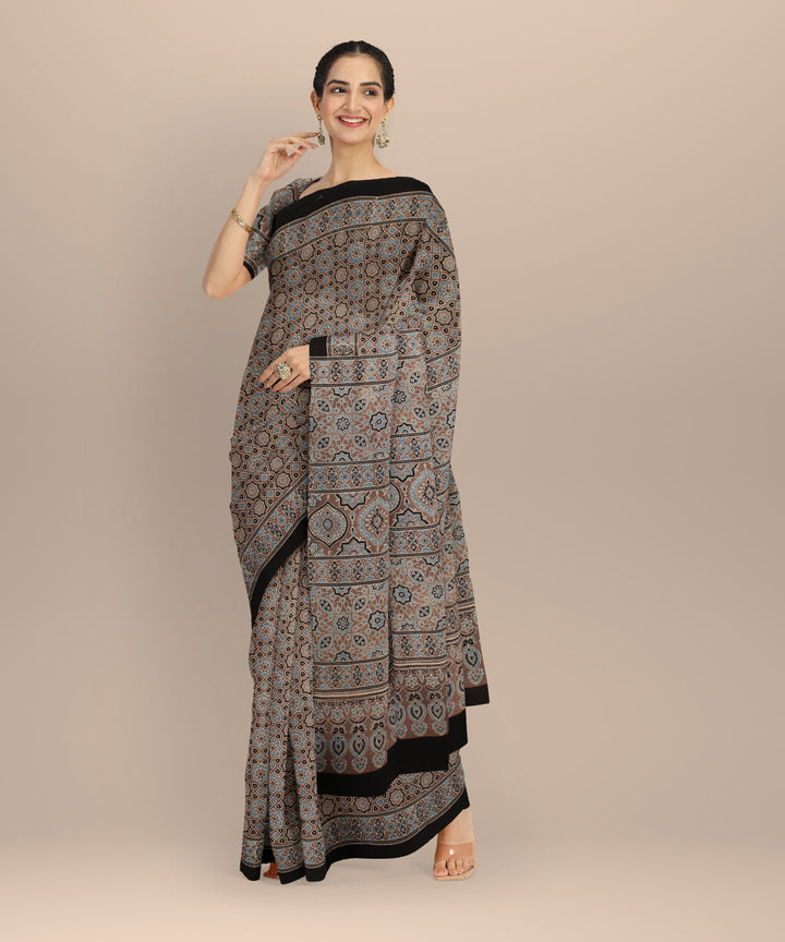 Black cotton hand printed ajrakh saree