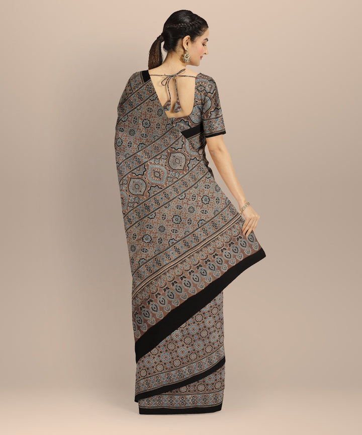 Black cotton hand printed ajrakh saree
