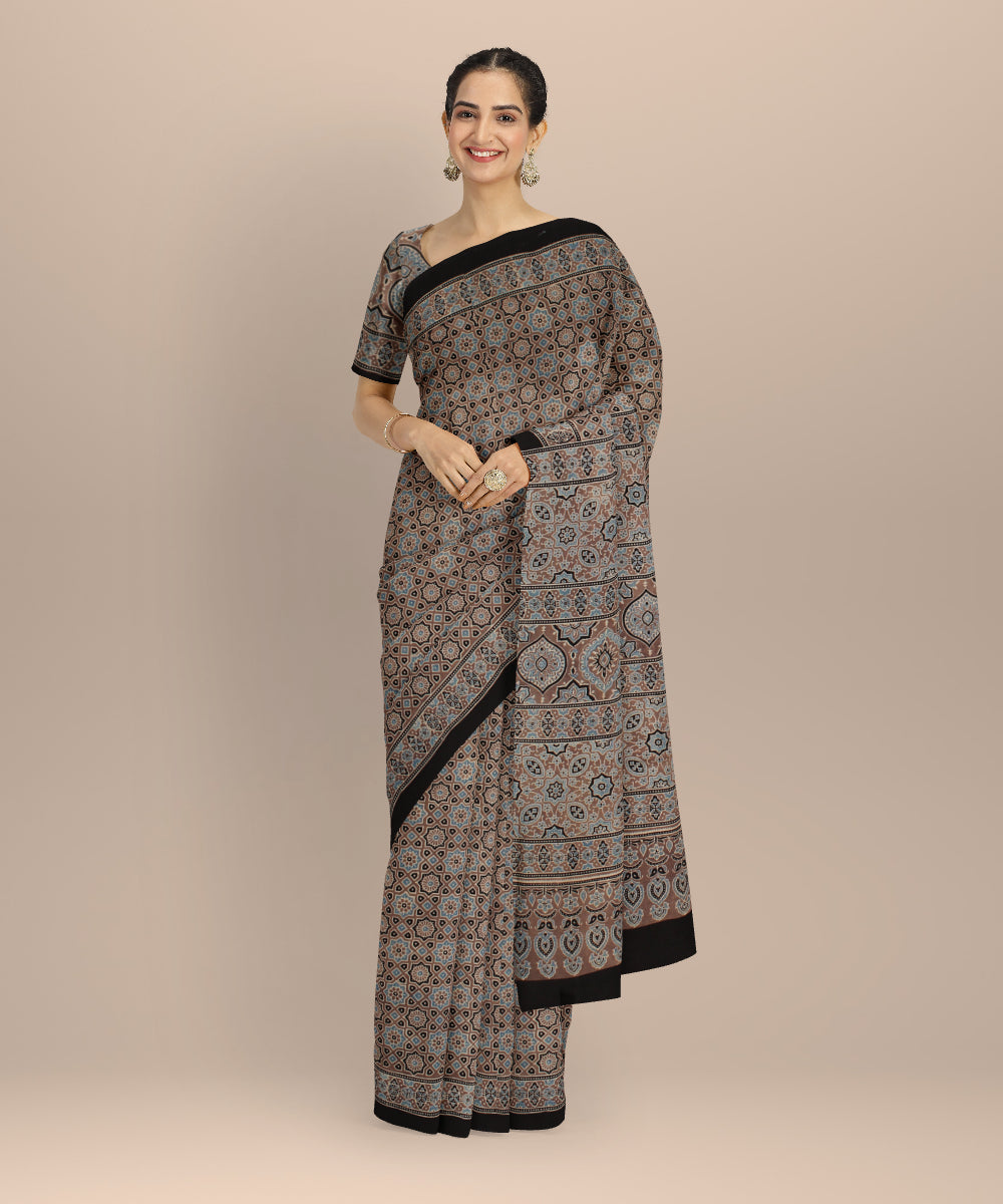 Black cotton hand printed ajrakh saree