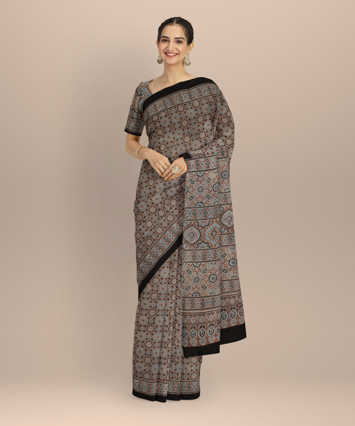 Black cotton hand printed ajrakh saree