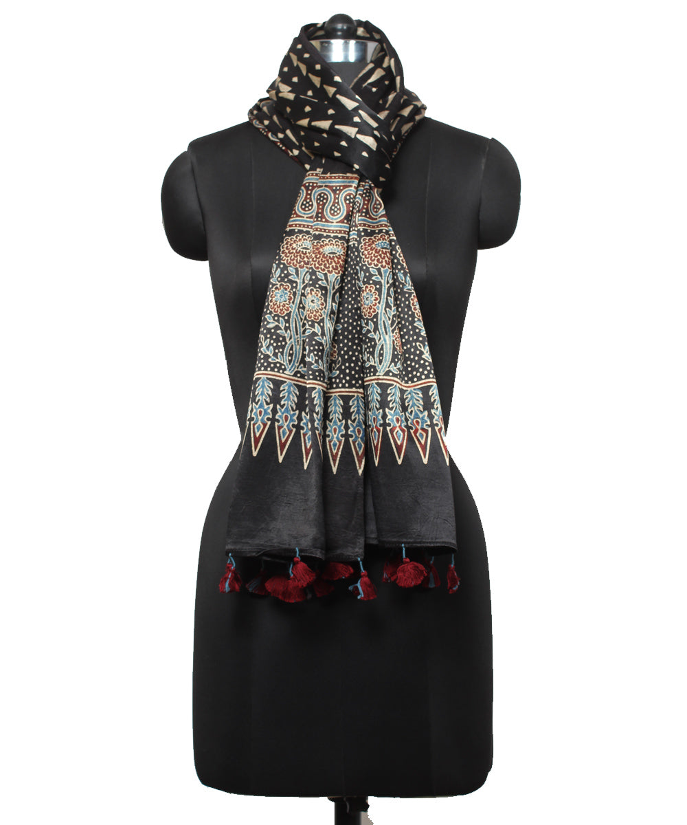 Black handloom ajrakh mashru stole