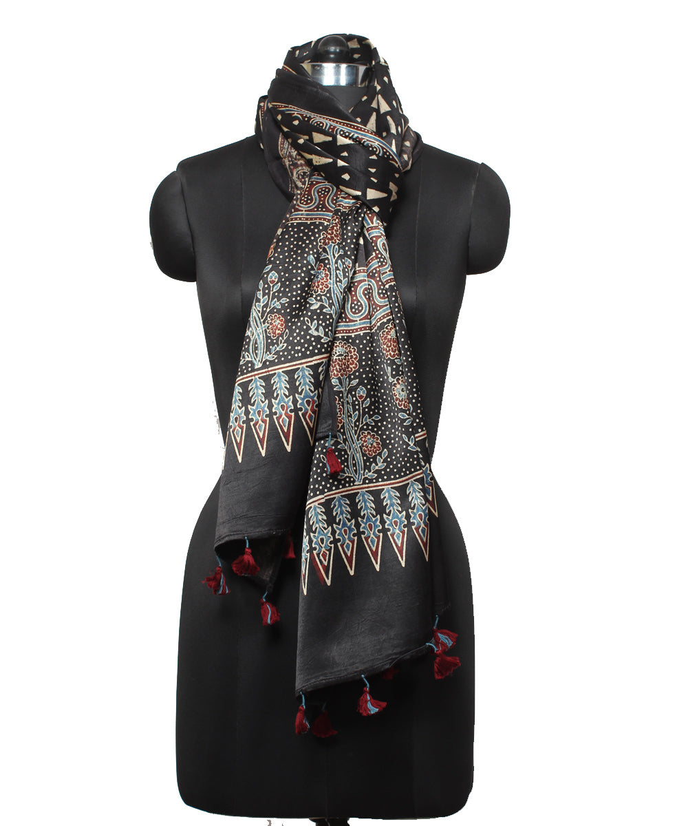 Black handloom ajrakh mashru stole