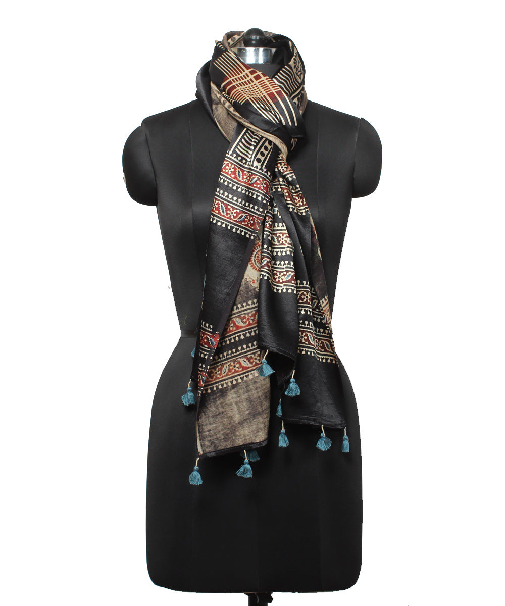 Black handloom modal ajrakh stole