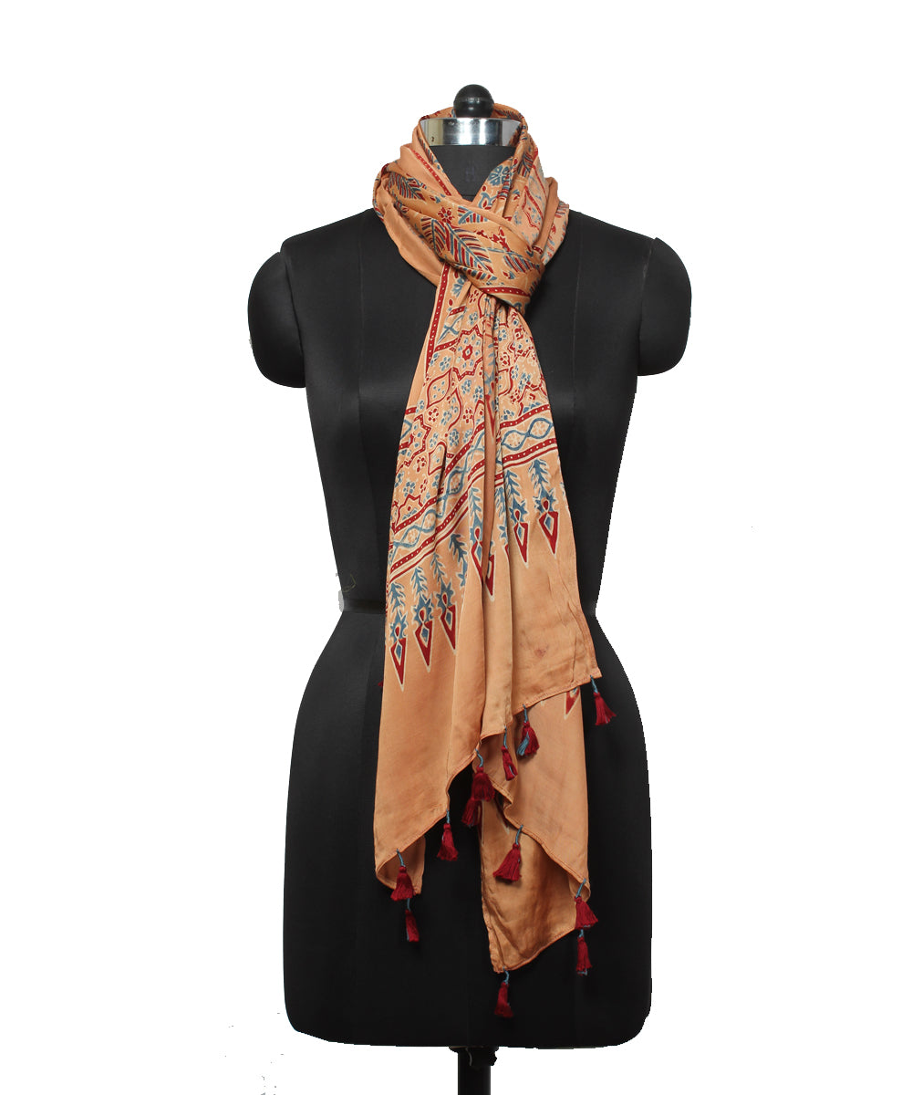 Brown handloom modal ajrakh stole