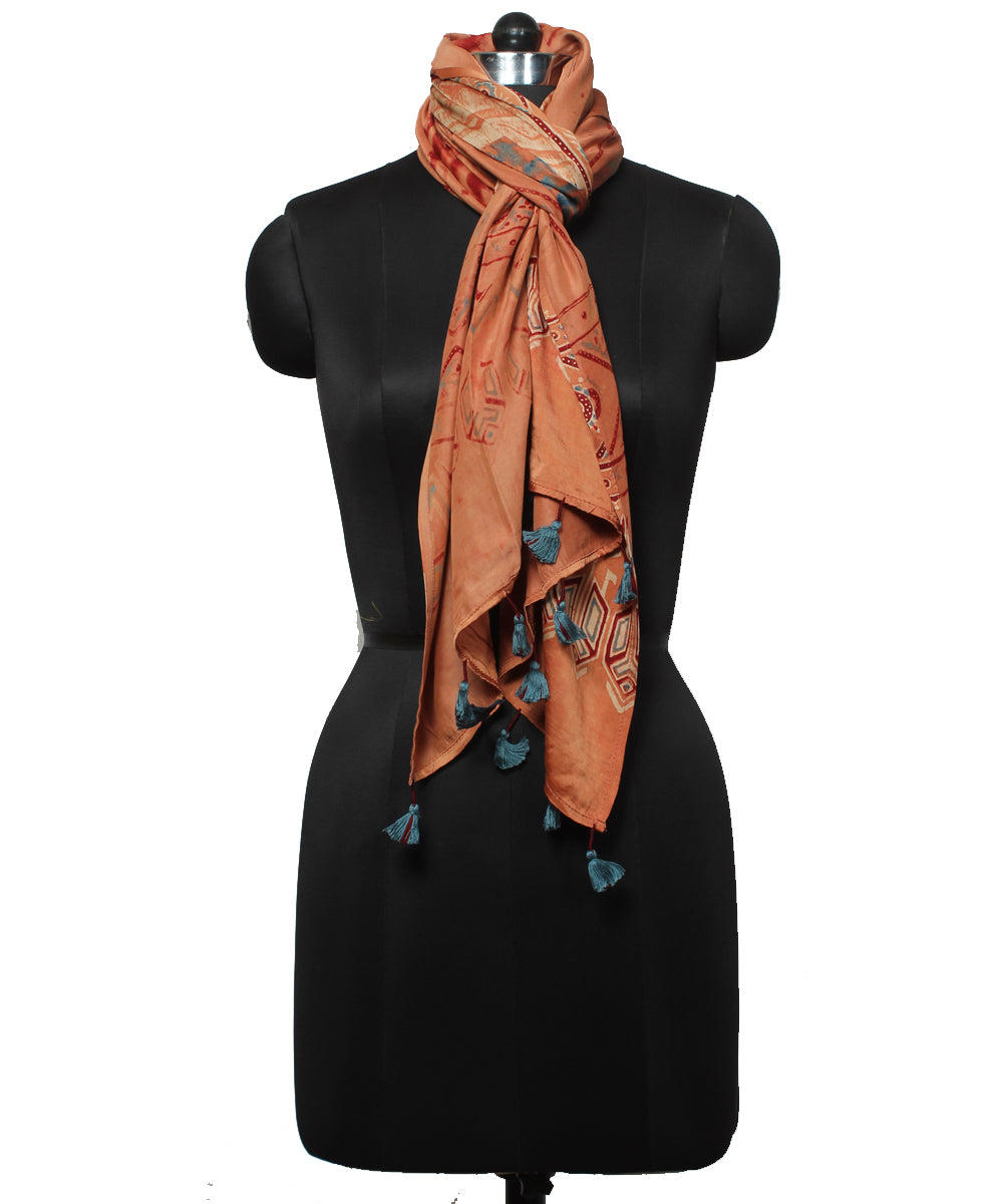 Brown multicolor handloom modal ajrakh stole