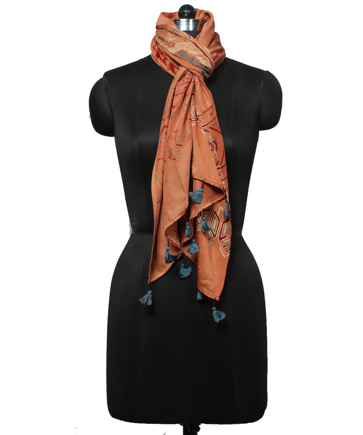 Brown multicolor handloom modal ajrakh stole