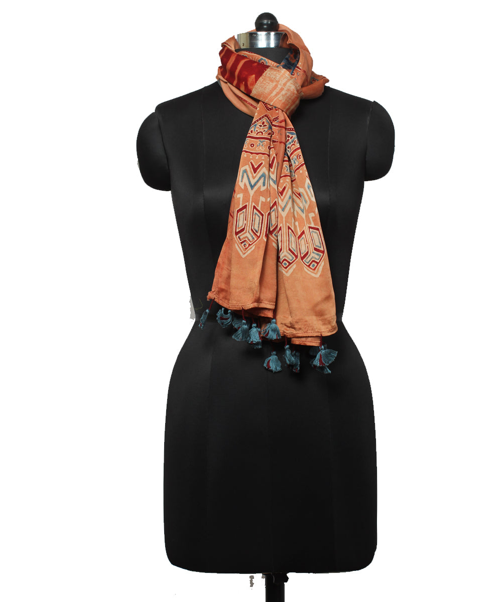 Brown multicolor handloom modal ajrakh stole