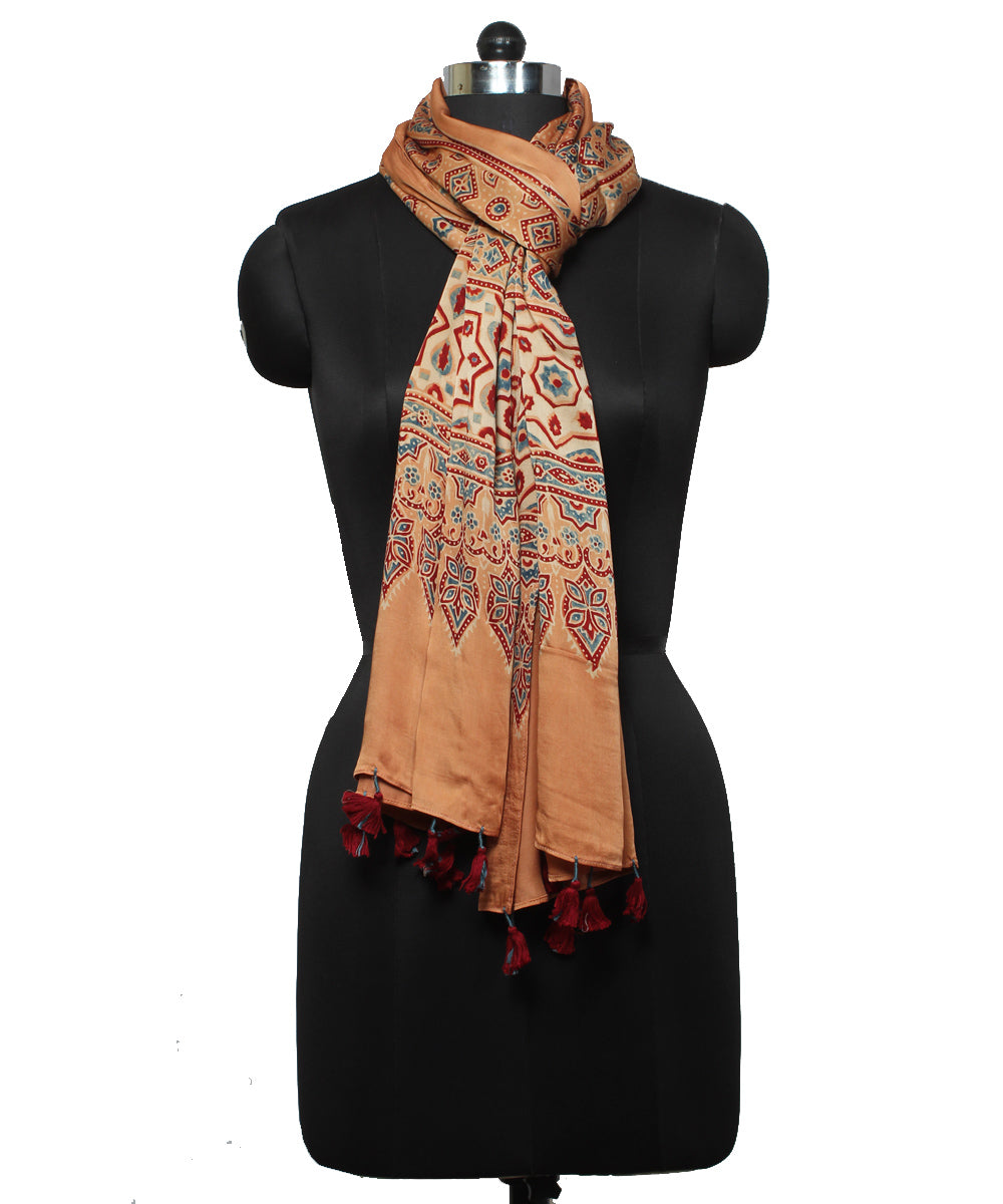 Brown modal offwhite handloom ajrakh stole