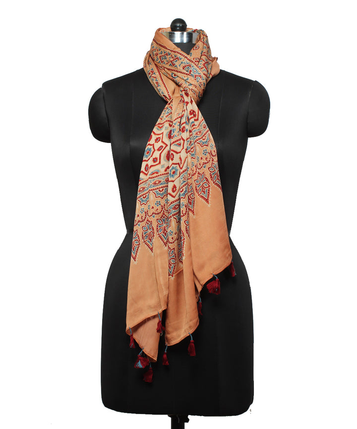 Brown modal offwhite handloom ajrakh stole