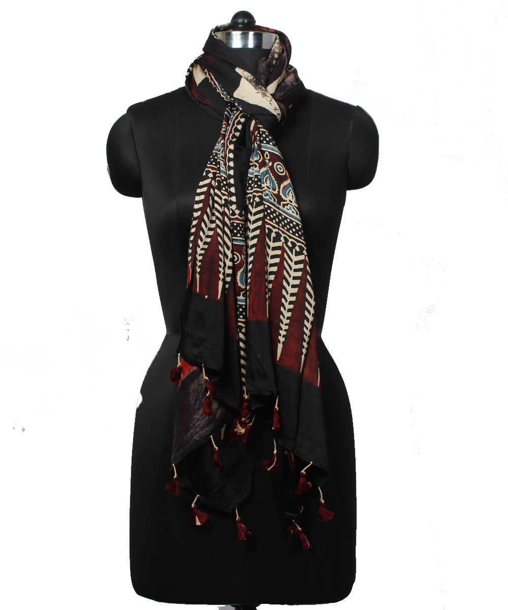 Black offwhite handloom modal ajrakh stole