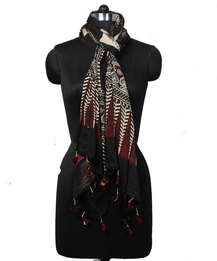 Black offwhite handloom modal ajrakh stole