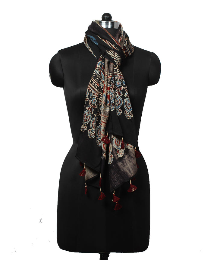 Black modal handloom ajrakh printed stole