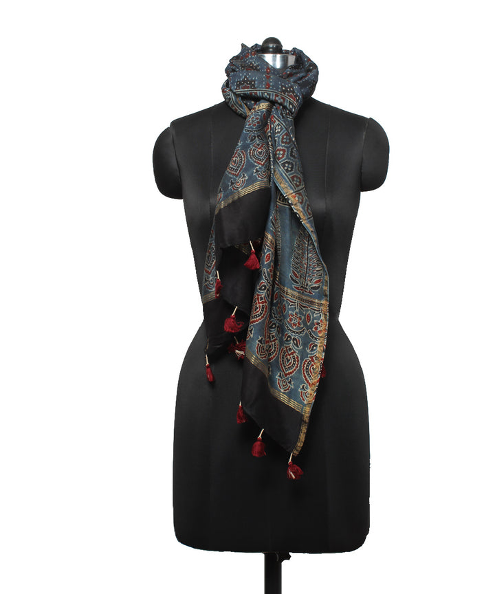 Navy blue maroon handloom cotton ajrakh stole