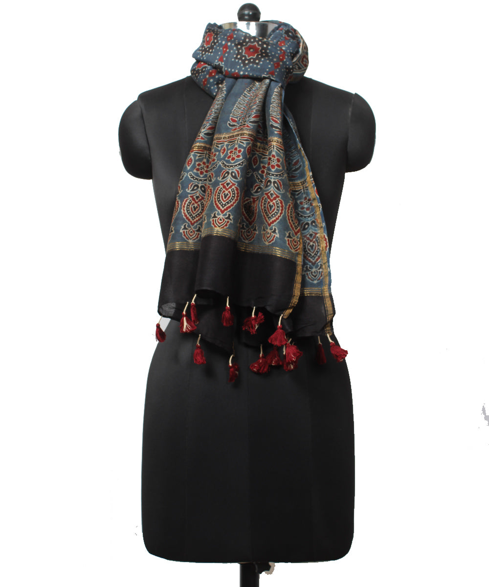 Navy blue maroon handloom cotton ajrakh stole