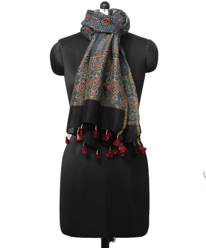 Navy blue maroon handloom cotton ajrakh stole