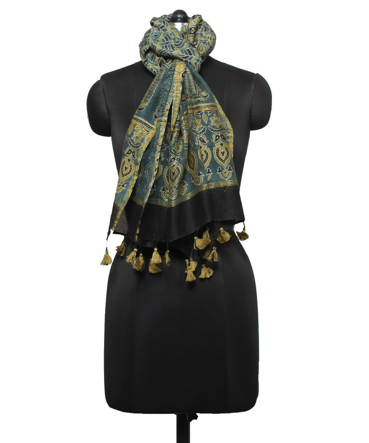 Navy blue yellow handloom cotton ajrakhstole