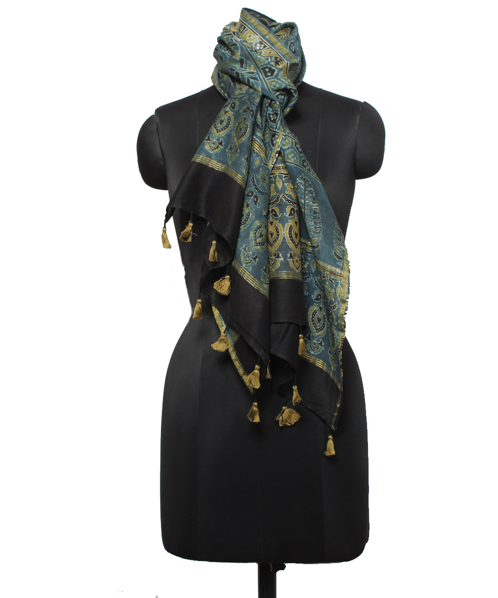 Navy blue yellow handloom cotton ajrakhstole