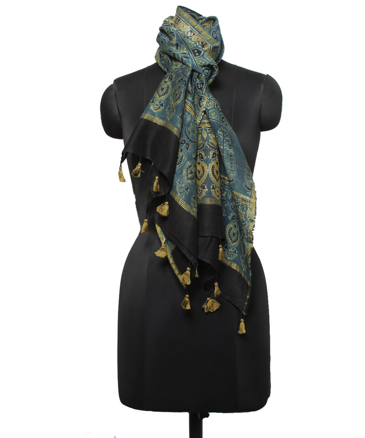 Navy blue yellow handloom cotton ajrakhstole
