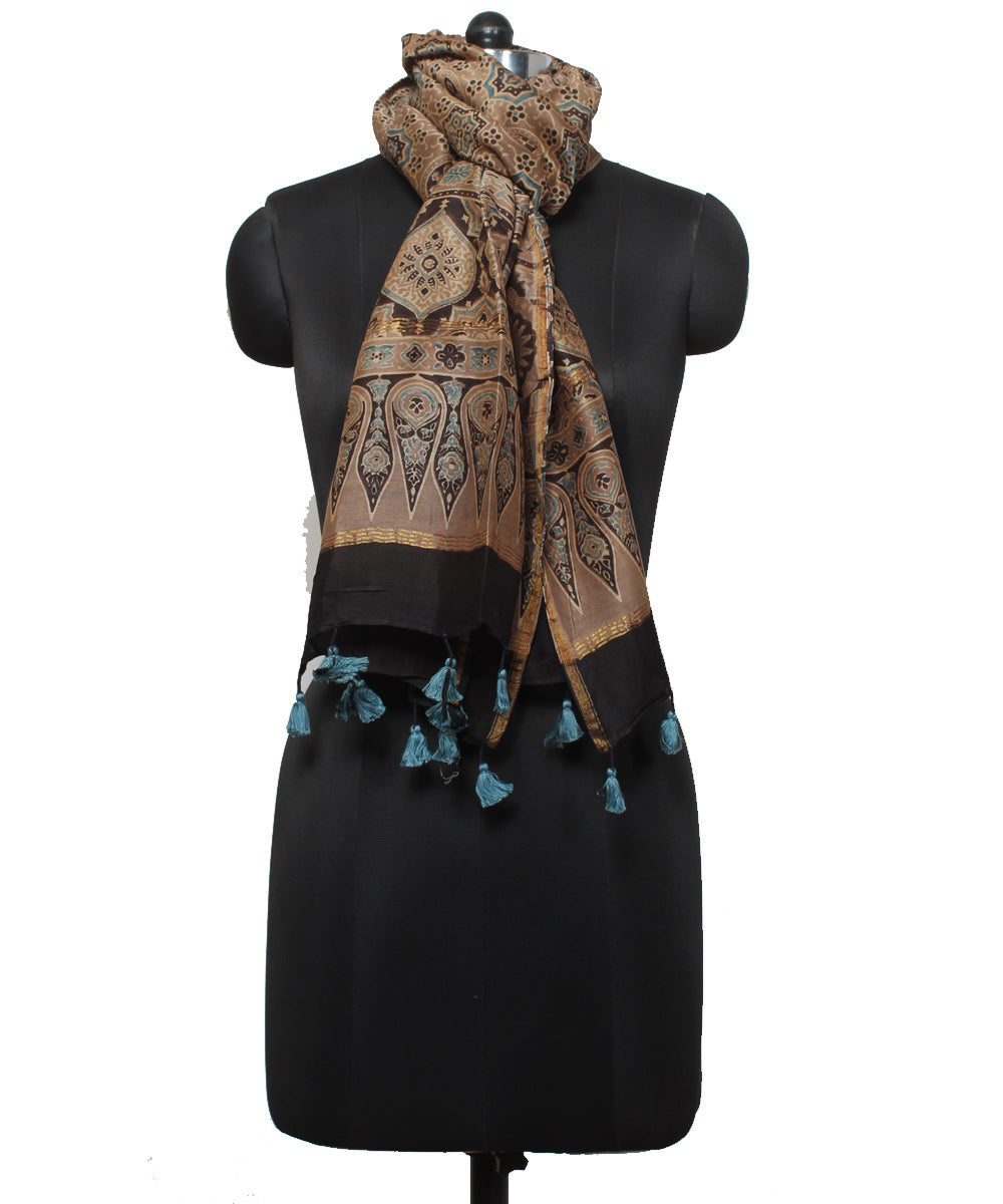 Peach blue handloom cotton ajrakh stole