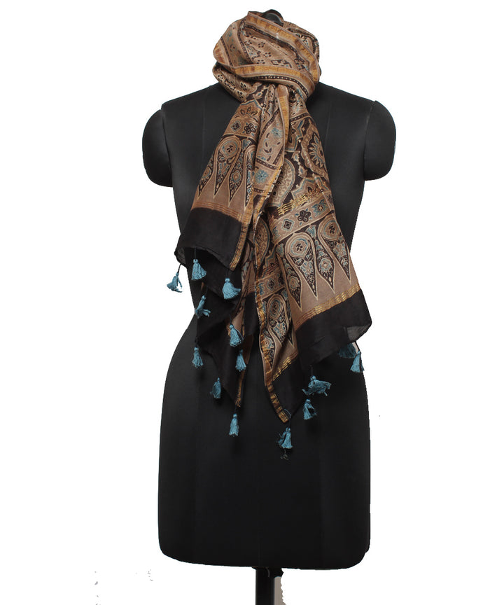 Peach blue handloom cotton ajrakh stole
