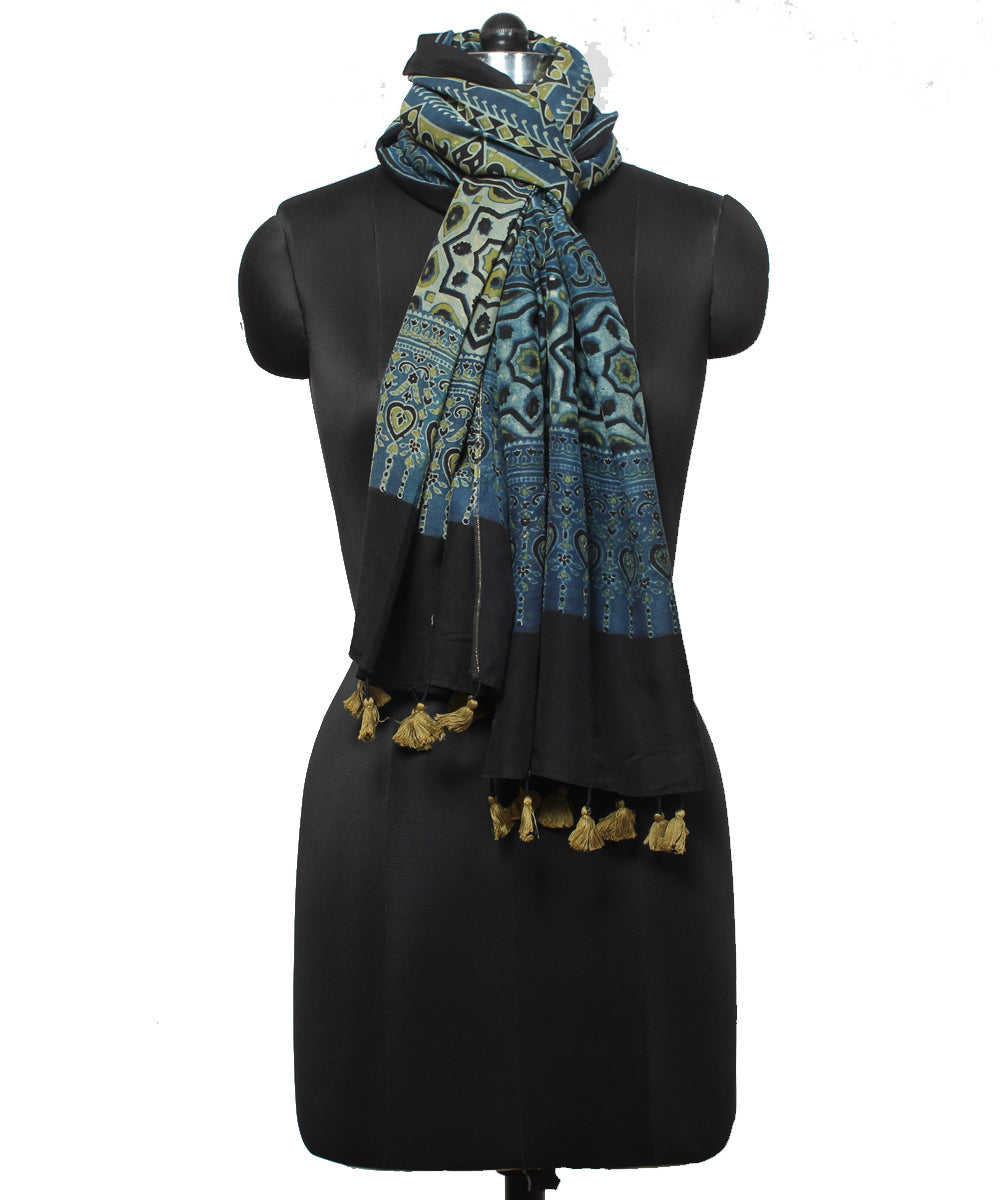 Navy blue black cotton handloom ajrakh stole