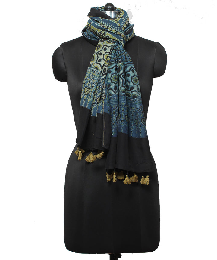 Navy blue black cotton handloom ajrakh stole