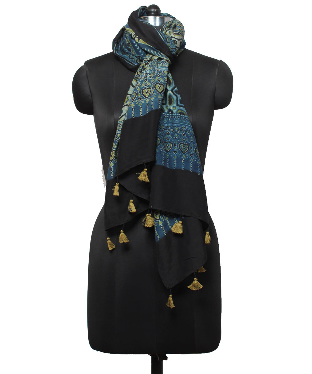 Navy blue black cotton handloom ajrakh stole
